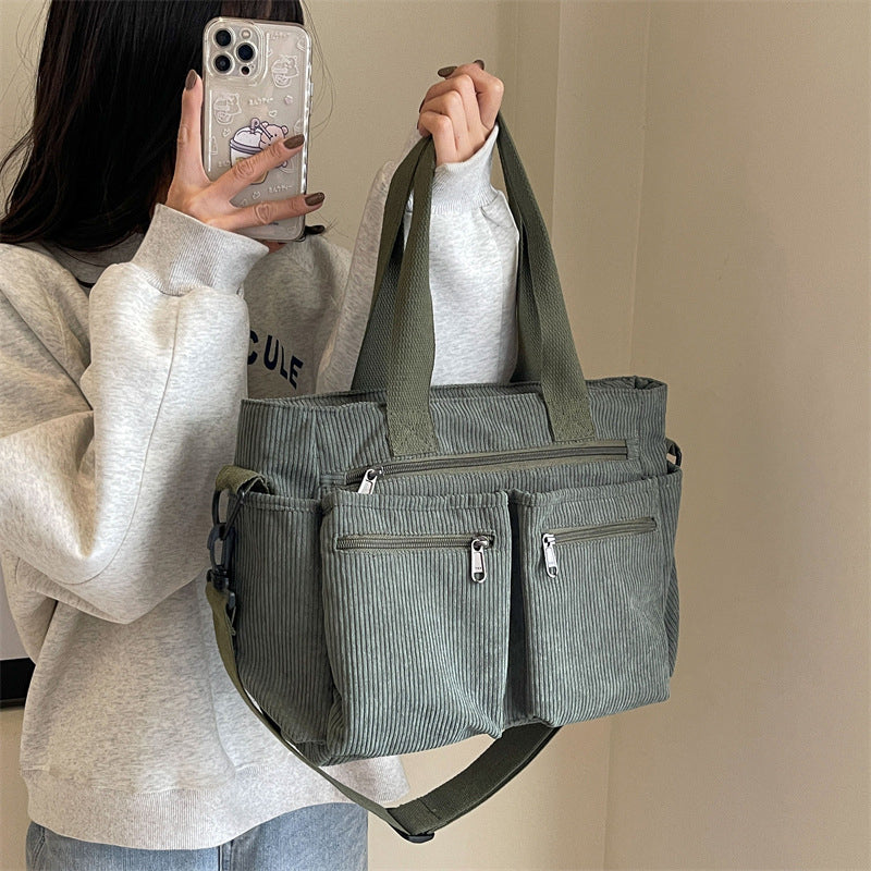 Corduroy Schoudertas Dames – Ruime Shopper met Ritssluiting
