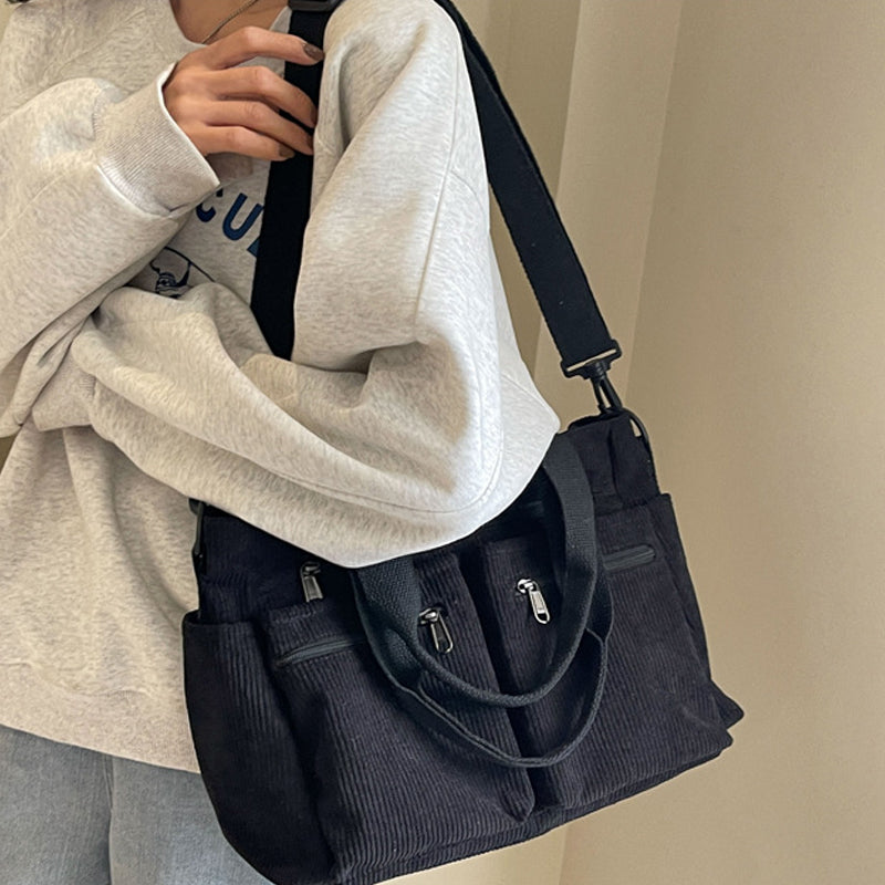 Corduroy Schoudertas Dames – Ruime Shopper met Ritssluiting