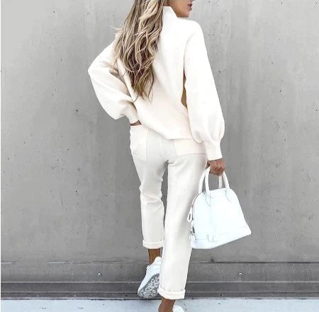 Dames huispak zacht 2-delig coltrui met hoge taille broek loungewear