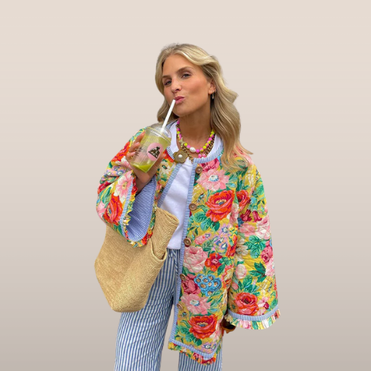 Gewatteerde Jas met Bloemenprint en Houten Knopen