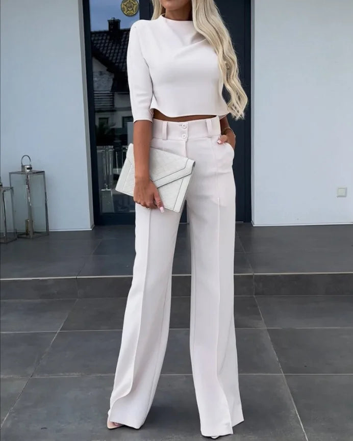 Elegante Semi-Fit Set met Wijde Pijpen en Lange Mouwen