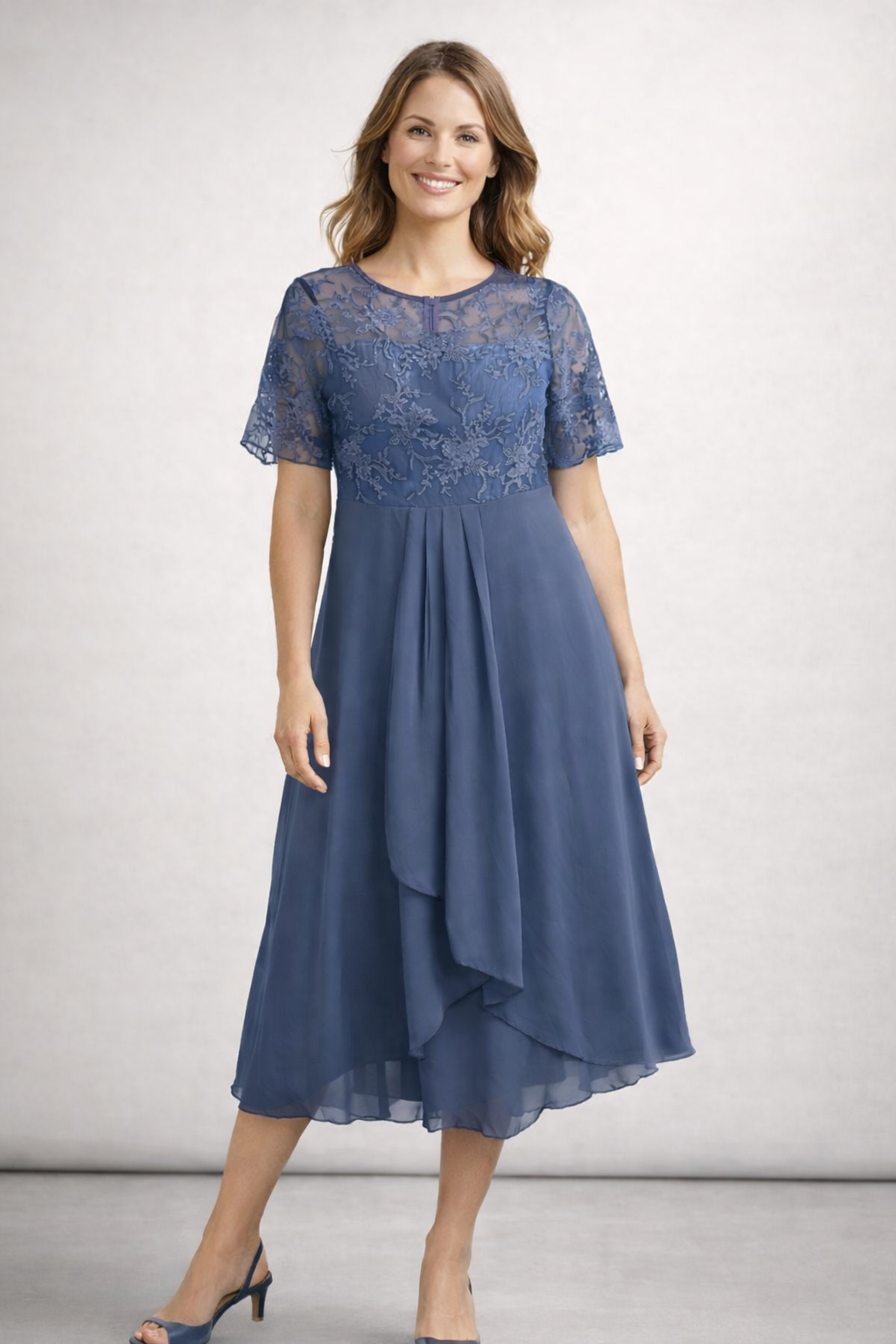 Midi Jurk Kant Korte Mouwen Elegante Pasvorm Dames Model