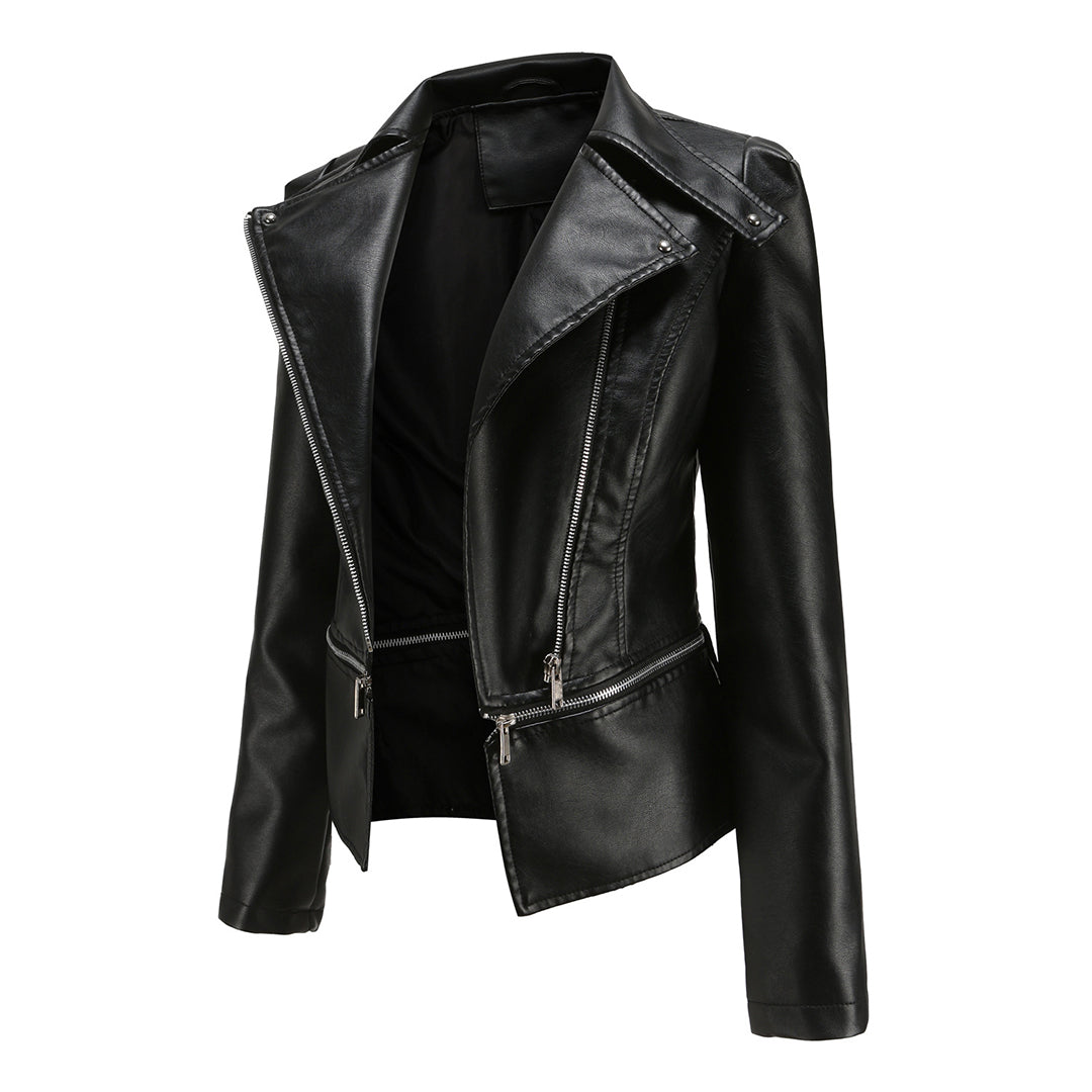 Elegant Leren Jasje met Asymmetrische Rits en Reverskraag