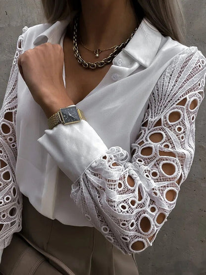 Romantische Witte Kanten Blouse met Lange Mouwen