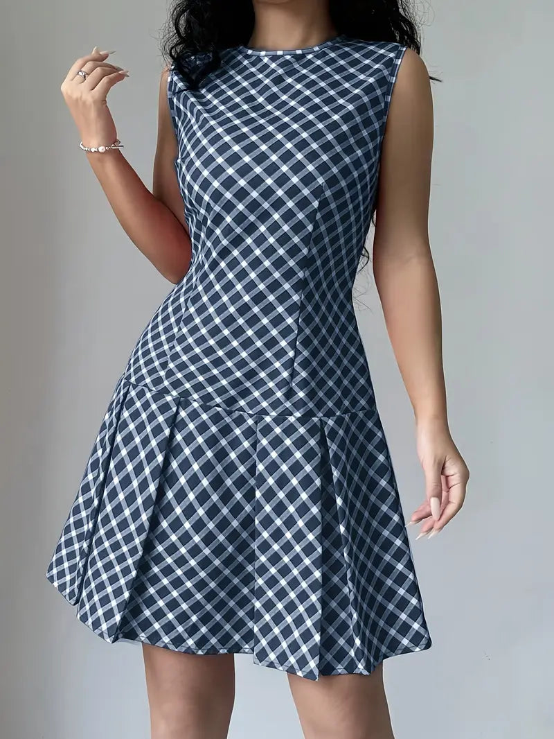 Mouwloze A-lijn Jurk met Vintage Ruitprint