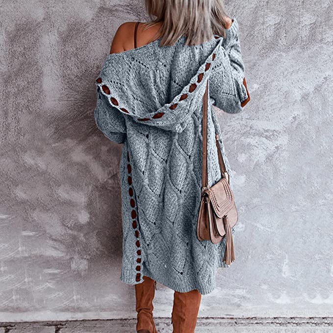 Lang Grof Gebreid Dames Vest met Capuchon – Oversized