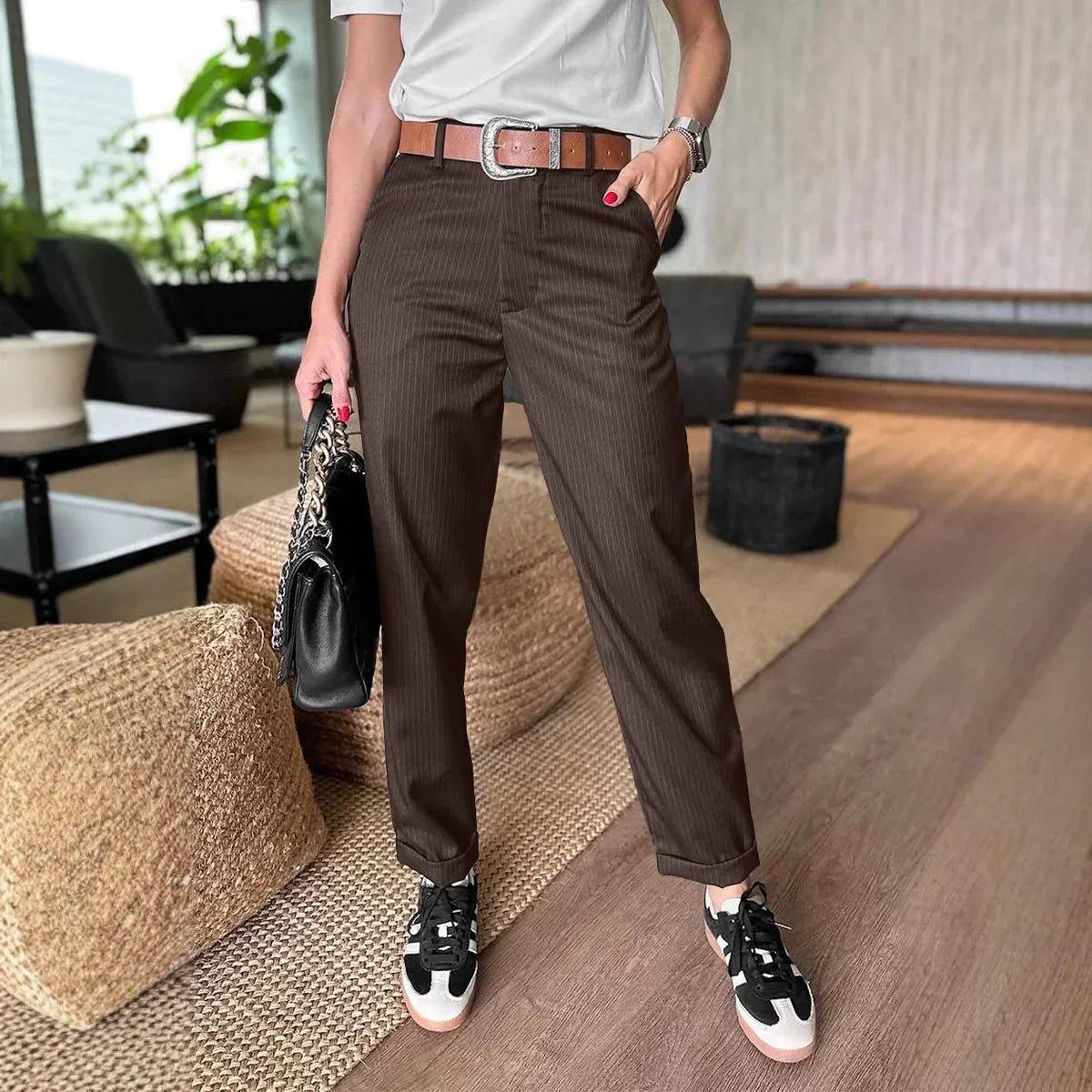 Dames High Waist Pantalon met Rechte Pijpen & Blazerstijl