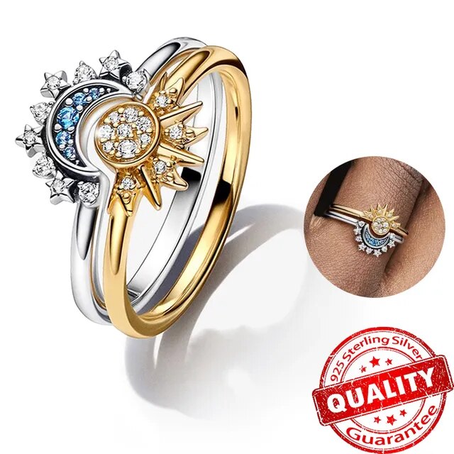 Zilveren Ring met Zon en Maan Kristallen