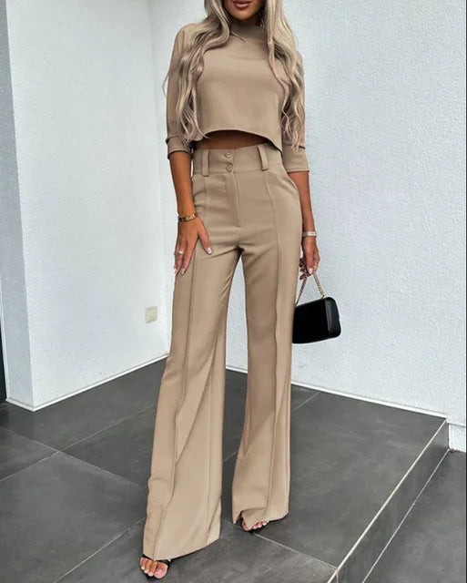 Elegante Semi-Fit Set met Wijde Pijpen en Lange Mouwen