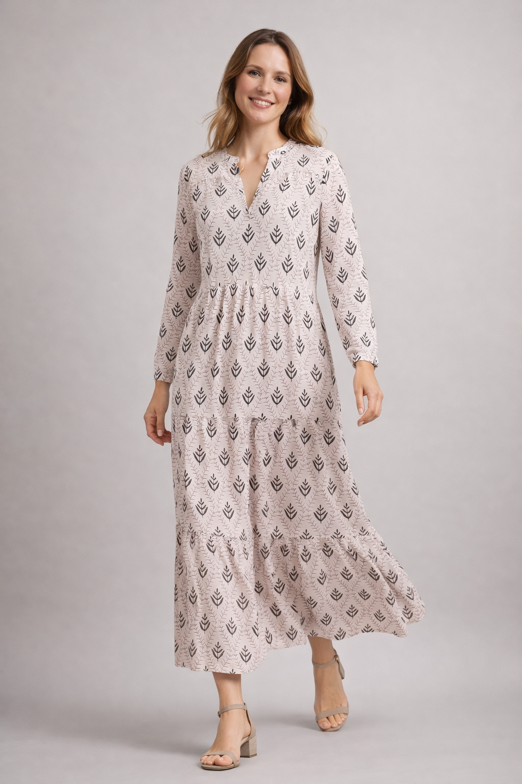 Maxi Jurk Dames V Hals Stippenprint Lange Mouwen Elegante