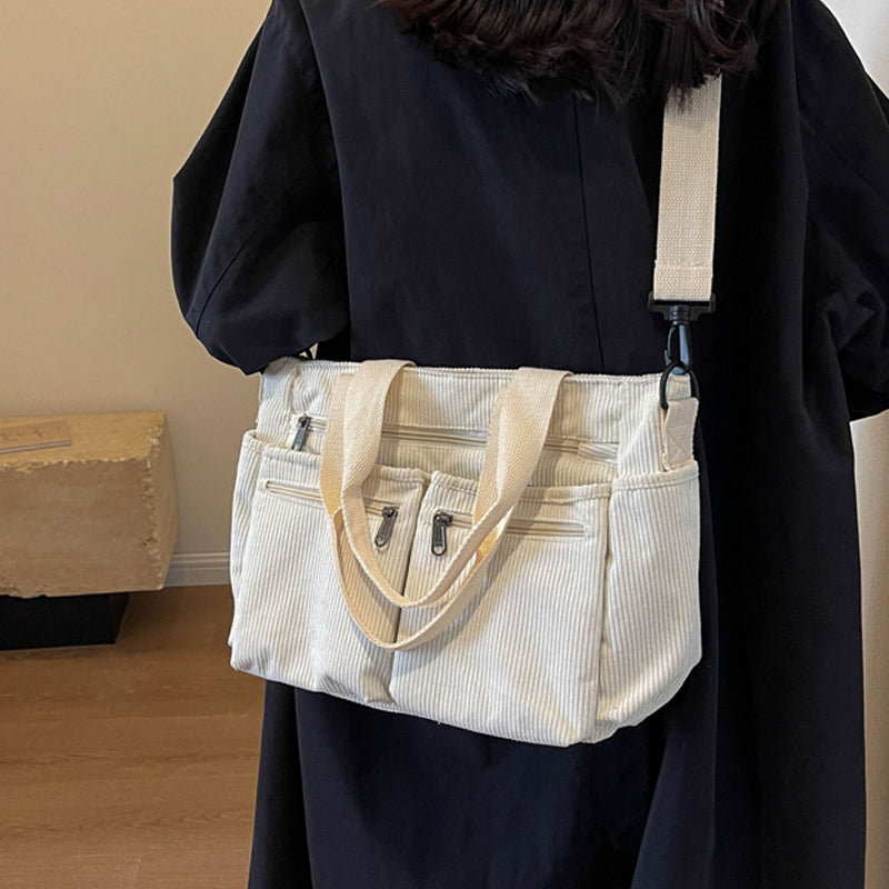 Corduroy Schoudertas Dames – Ruime Shopper met Ritssluiting