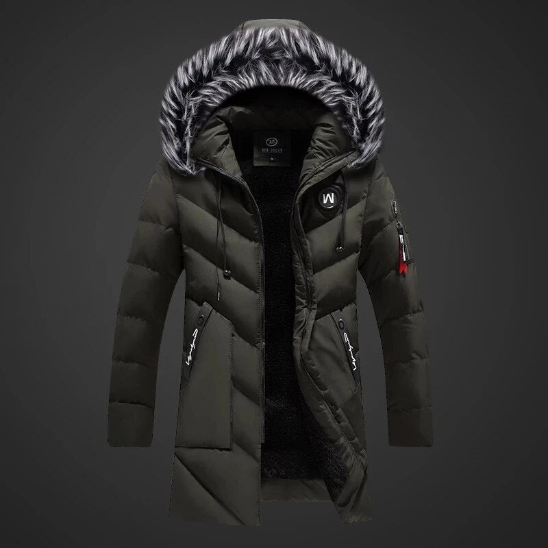 Heren Lange Winterjas met Capuchon en Faux Fur Kraag