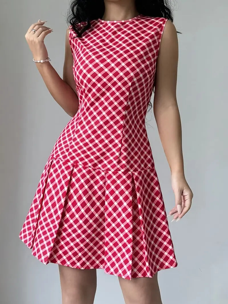 Mouwloze A-lijn Jurk met Vintage Ruitprint