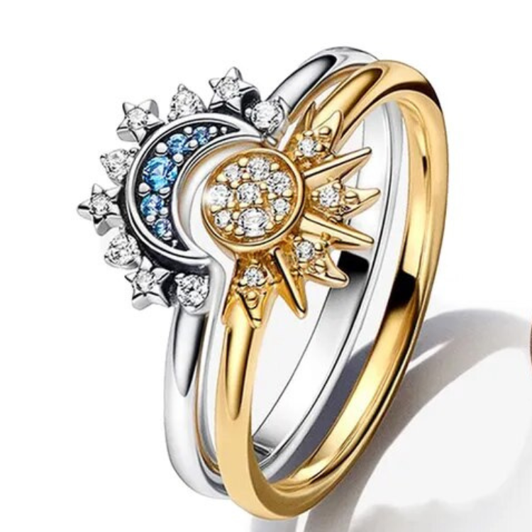 Zilveren Ring met Zon en Maan Kristallen