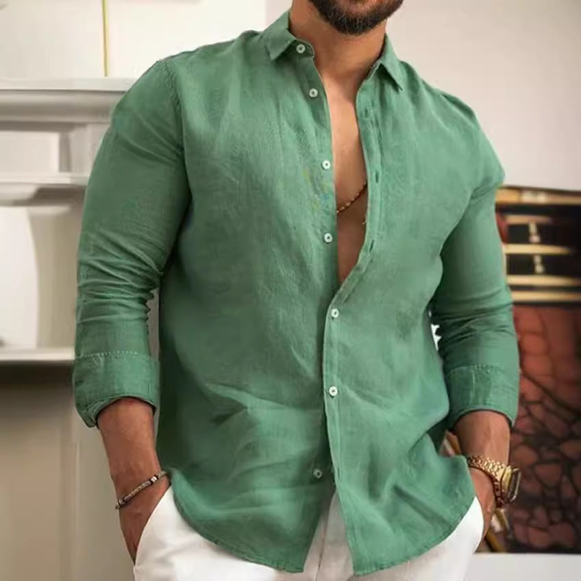 Linnen Overhemd Heren Licht Ademend Open Kraag