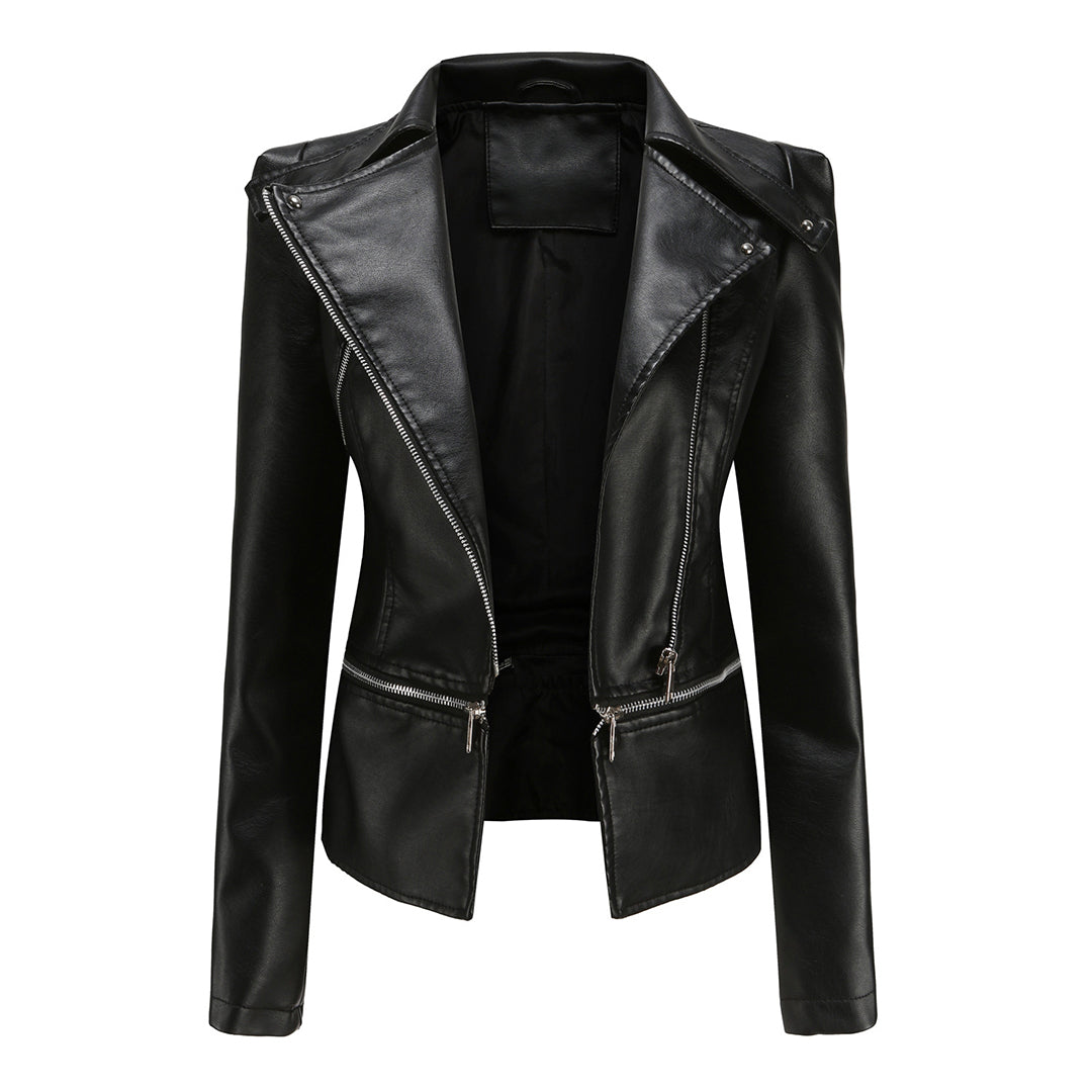 Elegant Leren Jasje met Asymmetrische Rits en Reverskraag