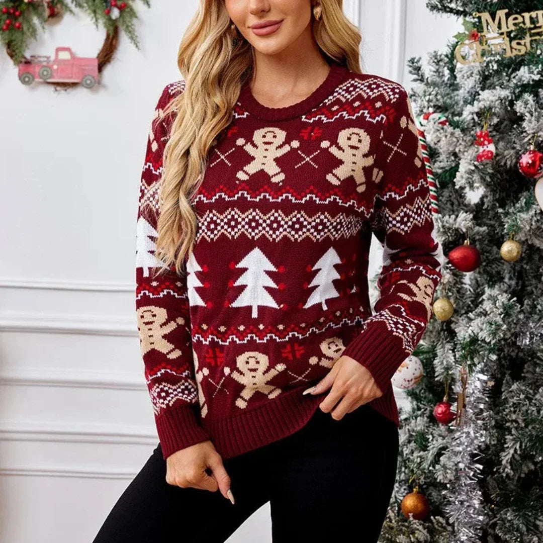 Dames Kersttrui – Wintertrui met Gingerbread & Kerstboom Print