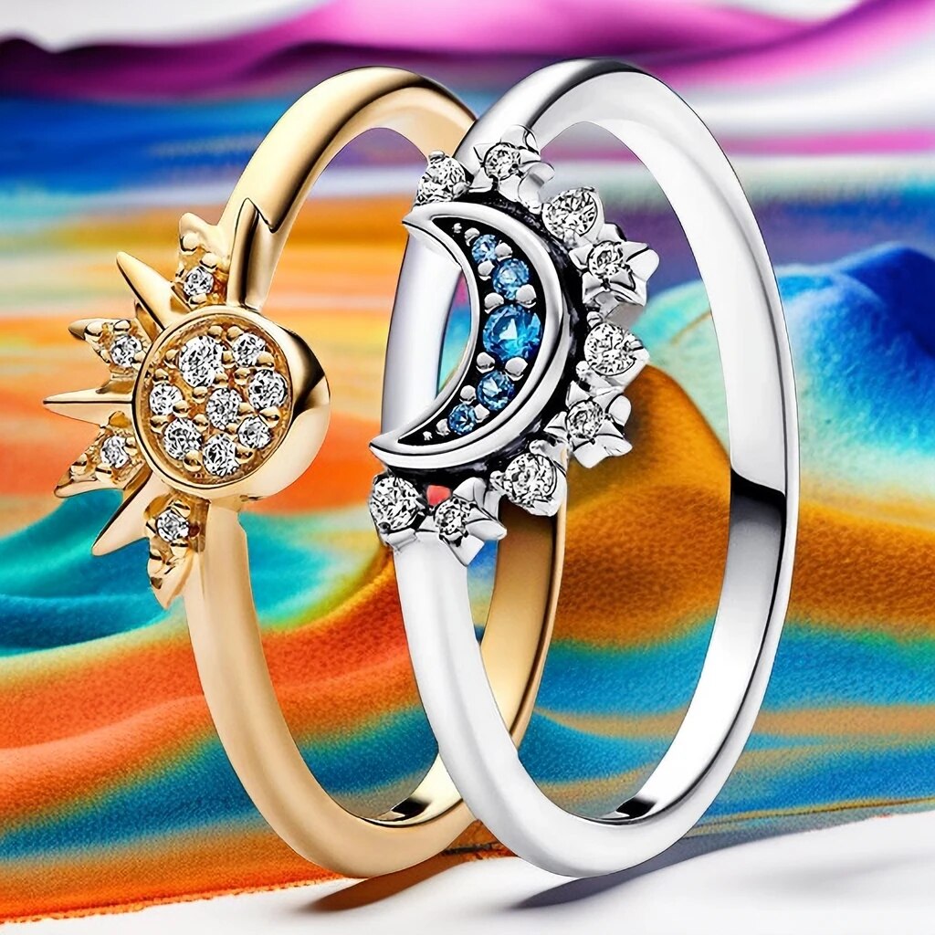Zilveren Ring met Zon en Maan Kristallen