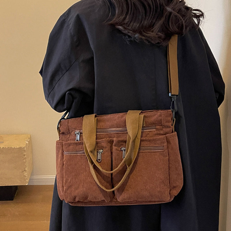 Corduroy Schoudertas Dames – Ruime Shopper met Ritssluiting