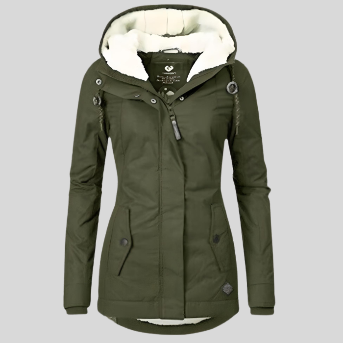 Dames winterjas met capuchon en imitatiebontvoering – warm en waterafstotend