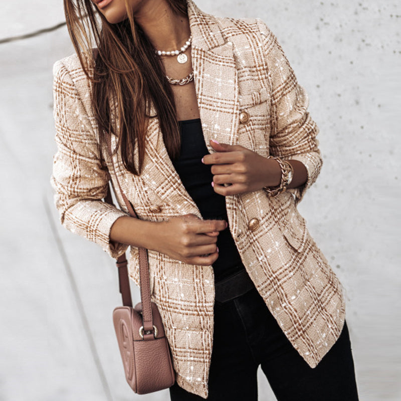 Dames Geruite Blazer met Dubbele Rij Knopen – Klassiek en Elegant