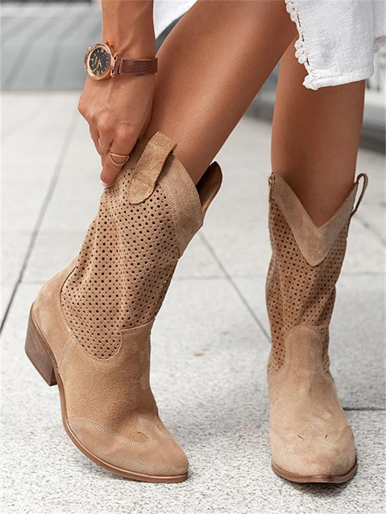Dames Western Boots – Elegante Cowgirl Laarzen met Perforatie Design