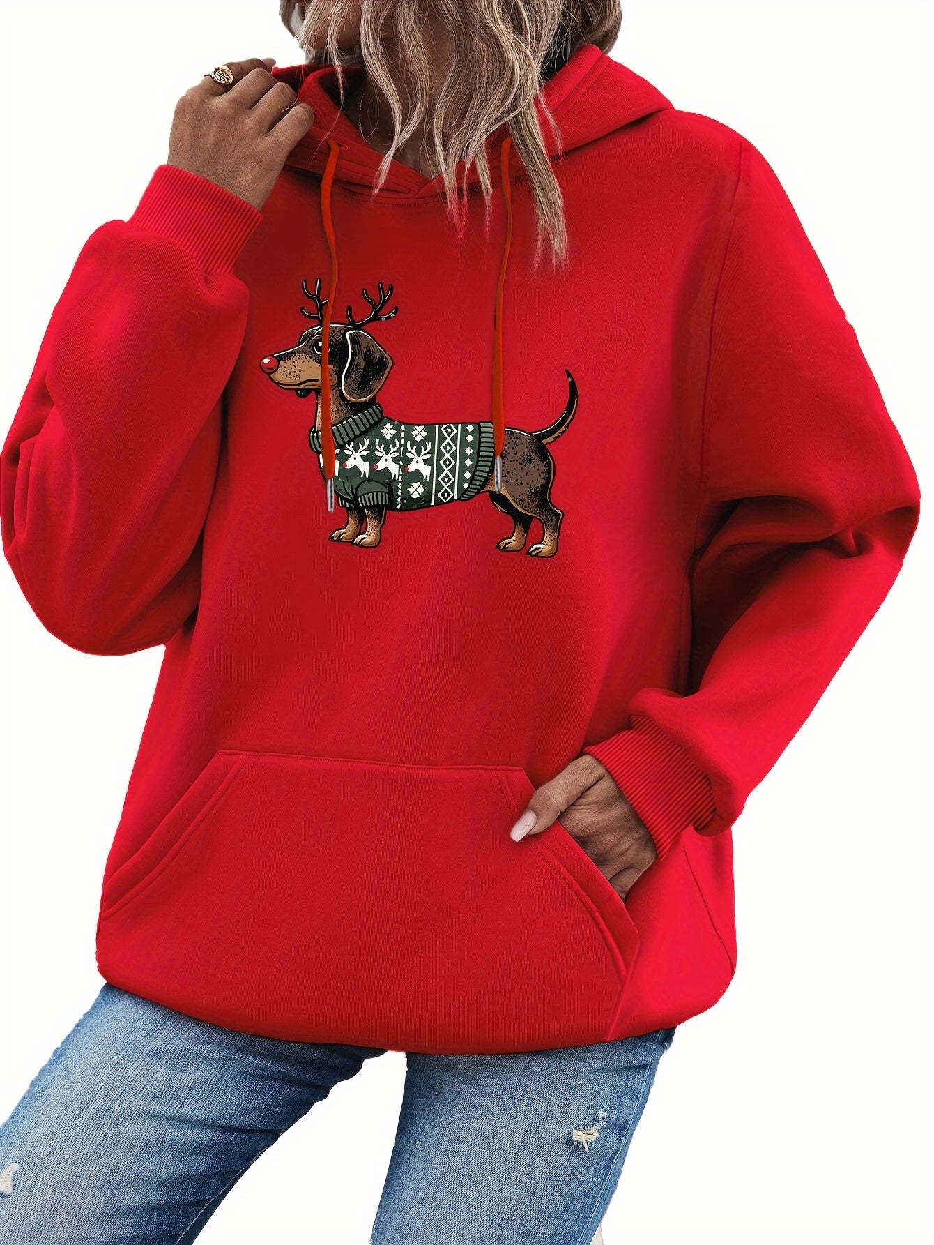 Dames Kerst Hoodie met Teckel Print – Warme Winter Hoodie