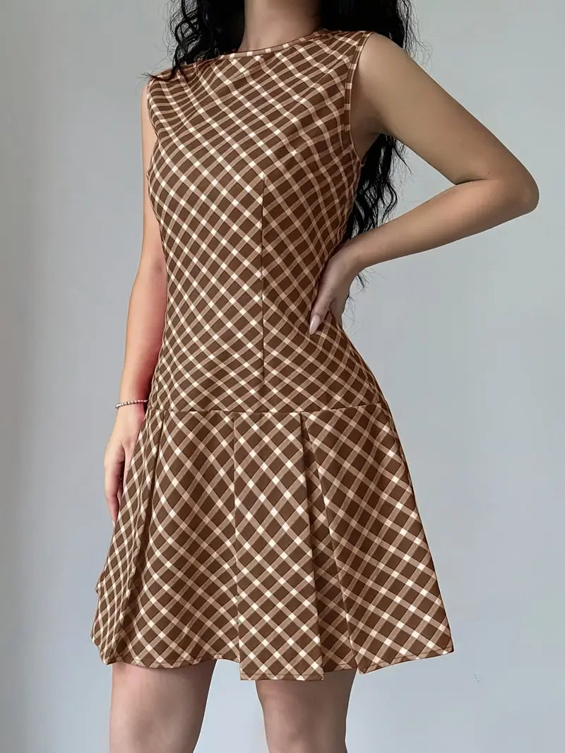 Mouwloze A-lijn Jurk met Vintage Ruitprint