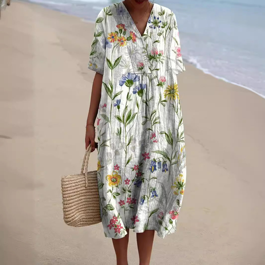 Zomerjurk Bloemenprint V Hals Luchtig Dames Casual Vakantie