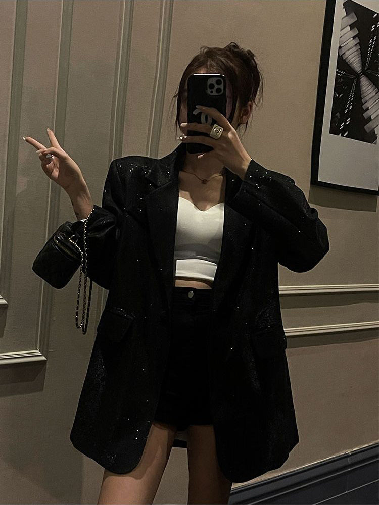 Dames Pailletten Blazer Zwart/Zilver – Oversized Feestelijke Party Blazer