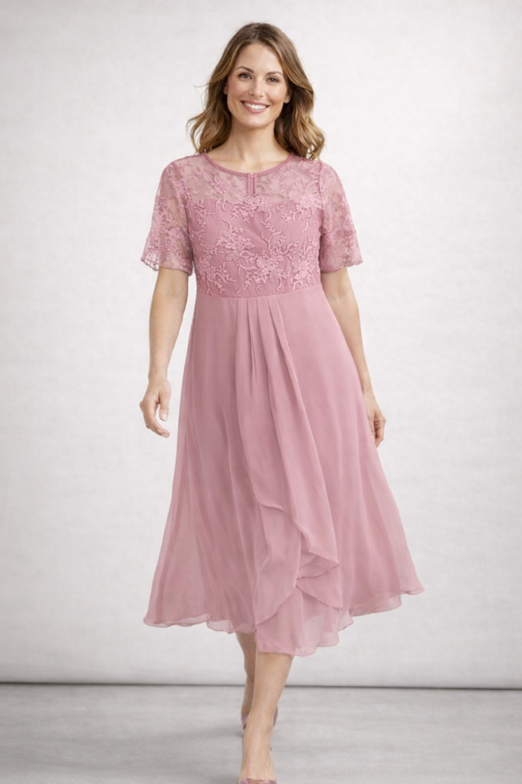 Midi Jurk Kant Korte Mouwen Elegante Pasvorm Dames Model