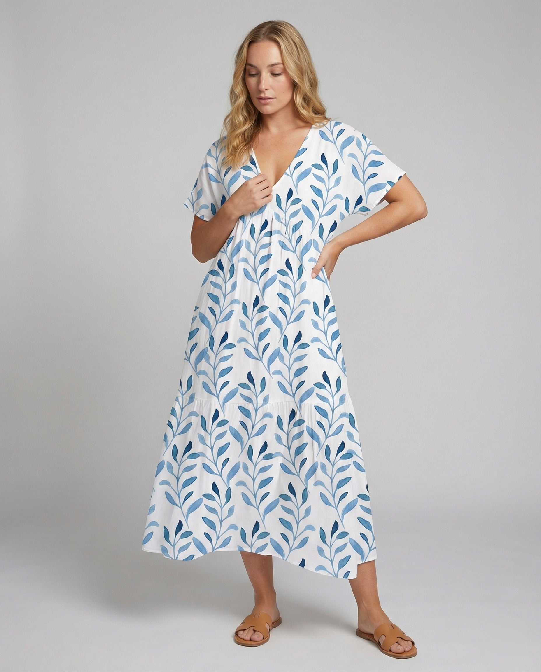 Zomerjurk Dames Bladprint Korte Mouwen Luchtige Pasvorm Casual
