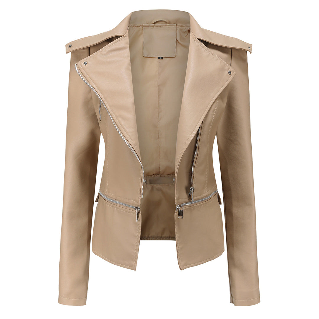 Elegant Leren Jasje met Asymmetrische Rits en Reverskraag