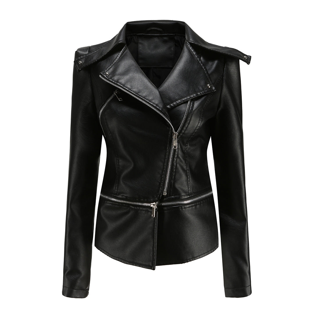 Elegant Leren Jasje met Asymmetrische Rits en Reverskraag
