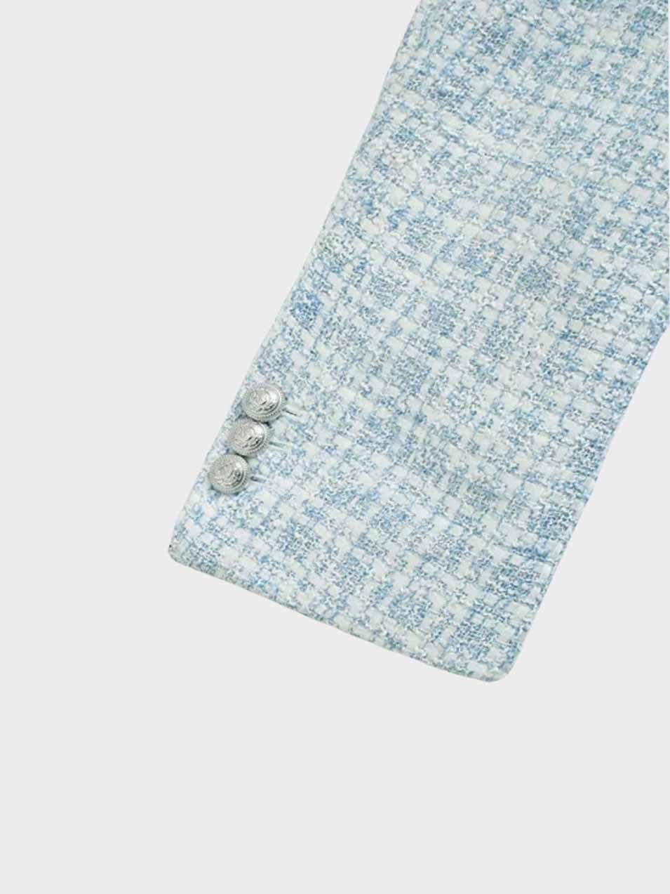 Lichtblauwe Dames Tweed Blazer – Dubbelrijig, Getailleerd en Elegant