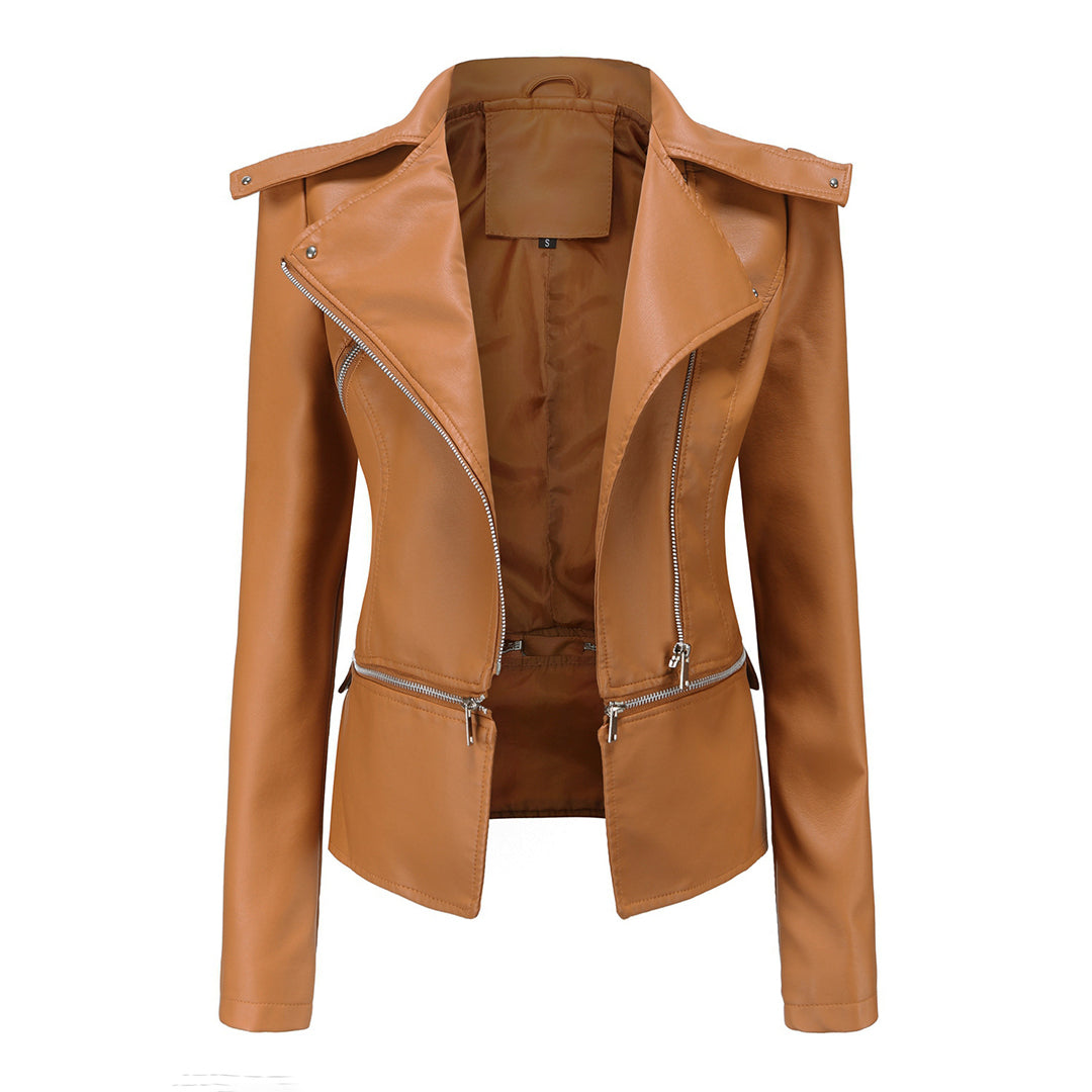 Elegant Leren Jasje met Asymmetrische Rits en Reverskraag