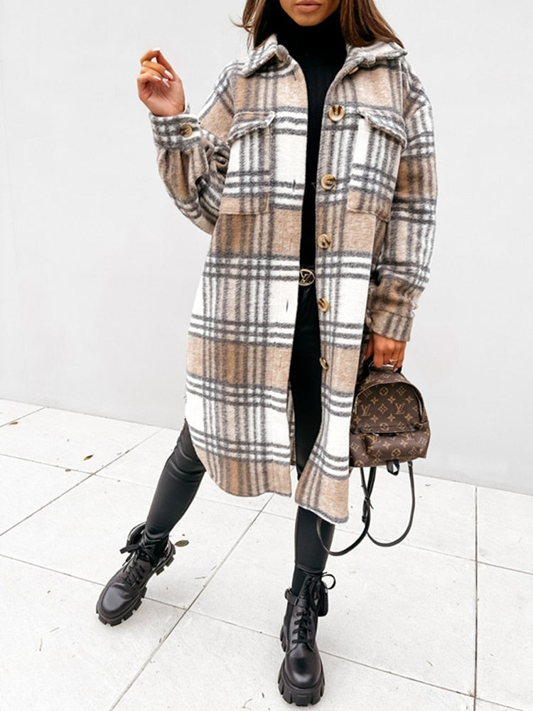 Lange Dames Jas Oversized Geruit – Warme Winterjas in 4 Kleuren