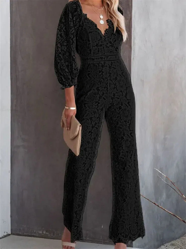 Elegante Dames Jumpsuit – Lange Mouwen & V-Hals Party Outfit