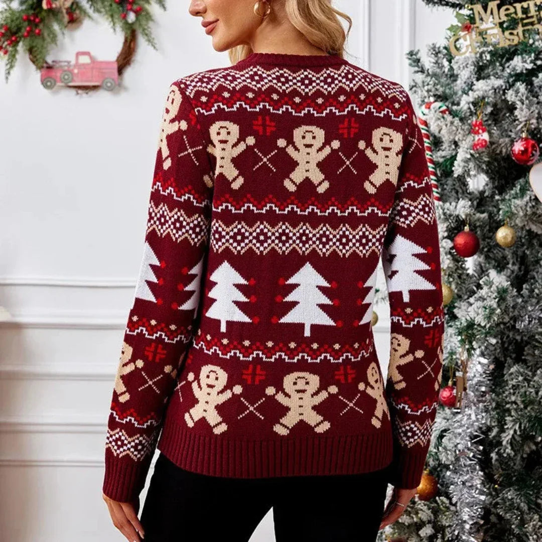 Dames Kersttrui – Wintertrui met Gingerbread & Kerstboom Print