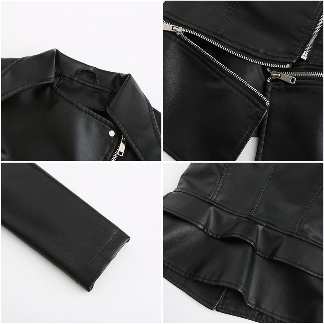 Elegant Leren Jasje met Asymmetrische Rits en Reverskraag