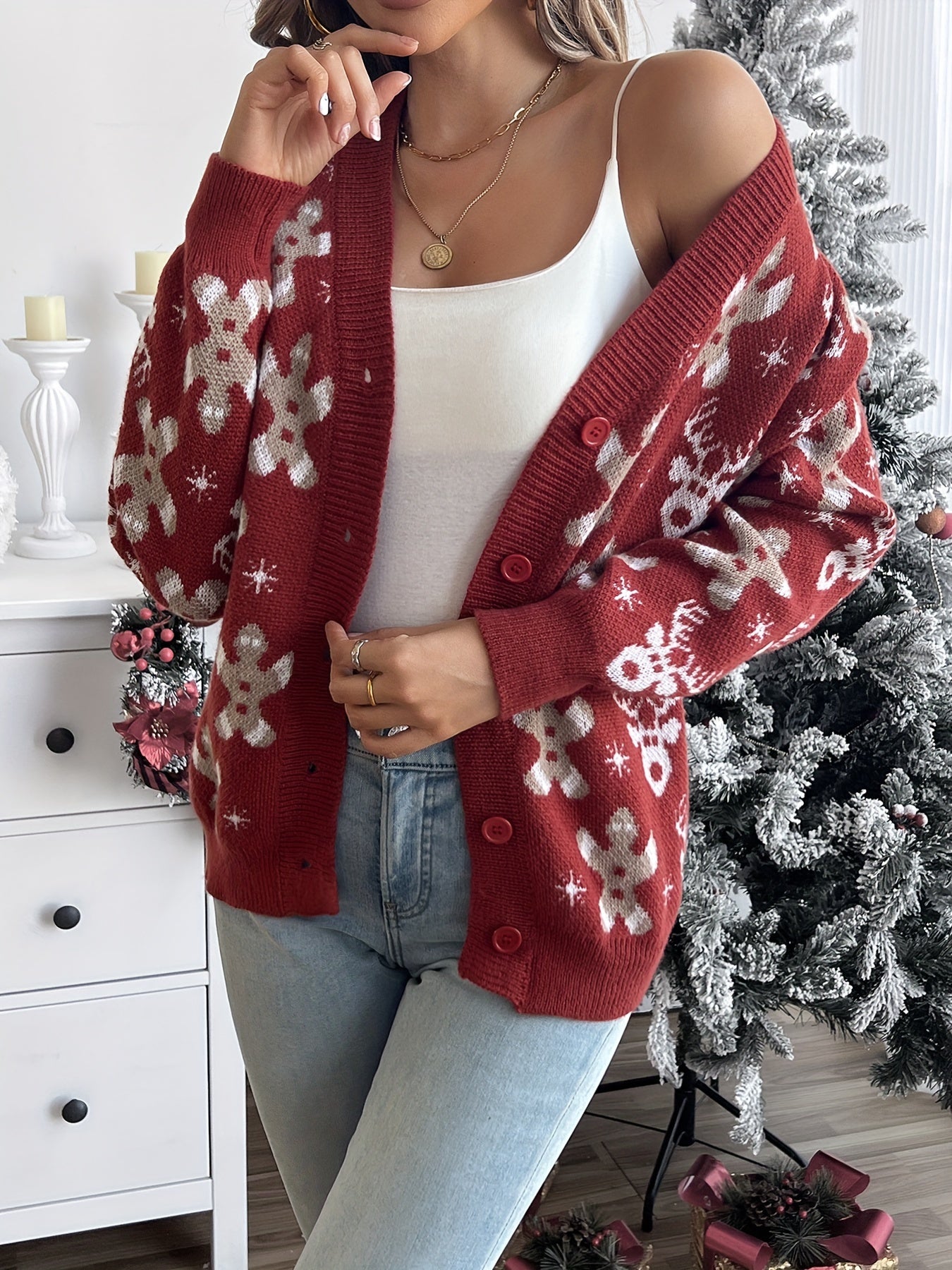 Kerst Cardigan met Sneeuwvlokken – Warme Dames Winter Vest