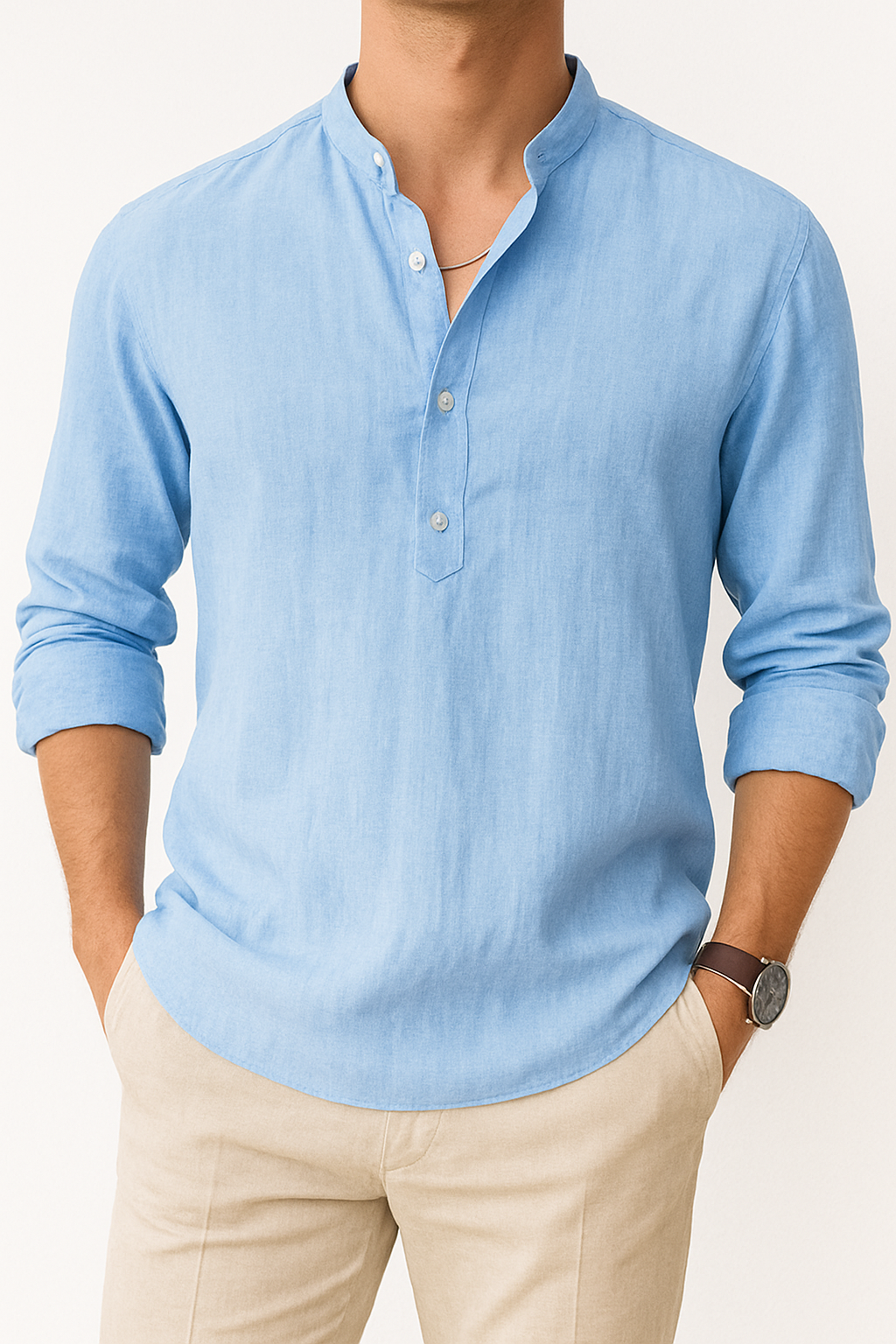 Linnen heren overhemd met Henley kraag - Zomerstijl