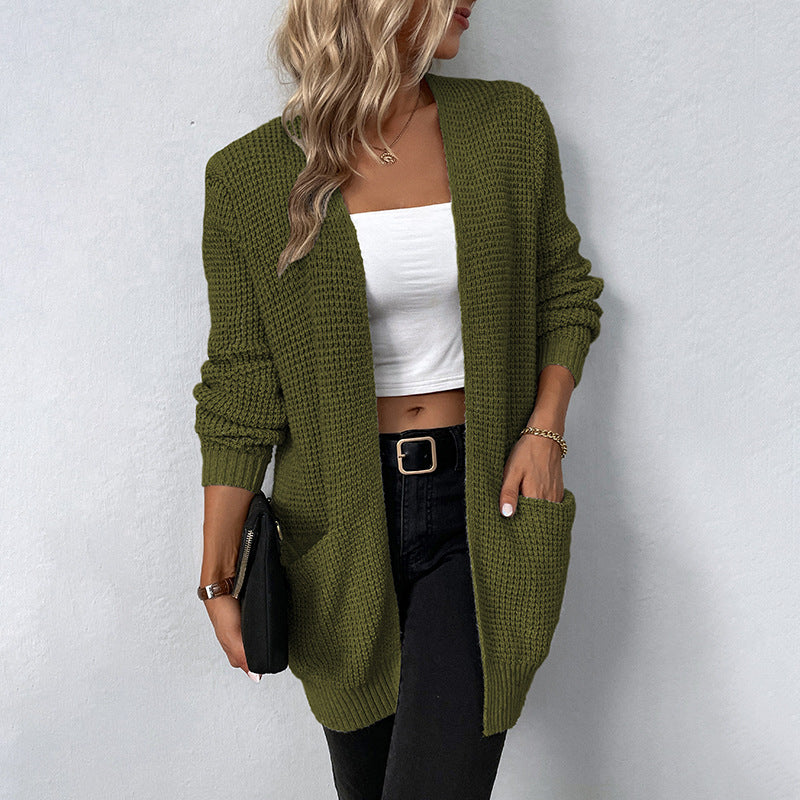 Gebreid damesvest – Lange open cardigan met zakken