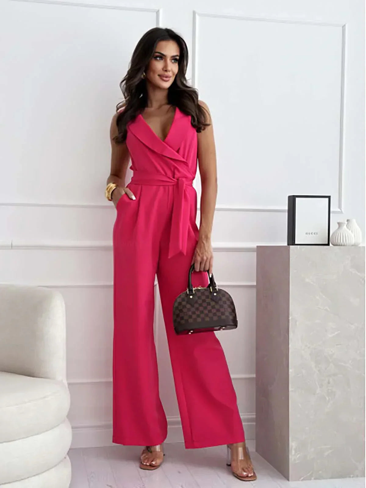 Jumpsuit Dames V-hals Met Riem Elegantie