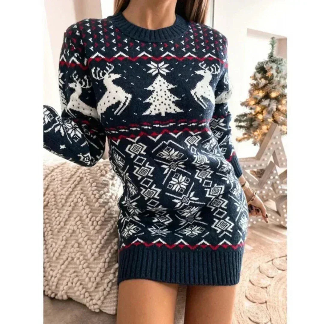 Dames Kerst Sweater Dress – Lange Wintertrui met Rendierprint