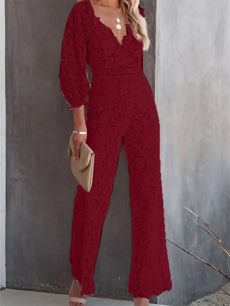 Elegante Dames Jumpsuit – Lange Mouwen & V-Hals Party Outfit