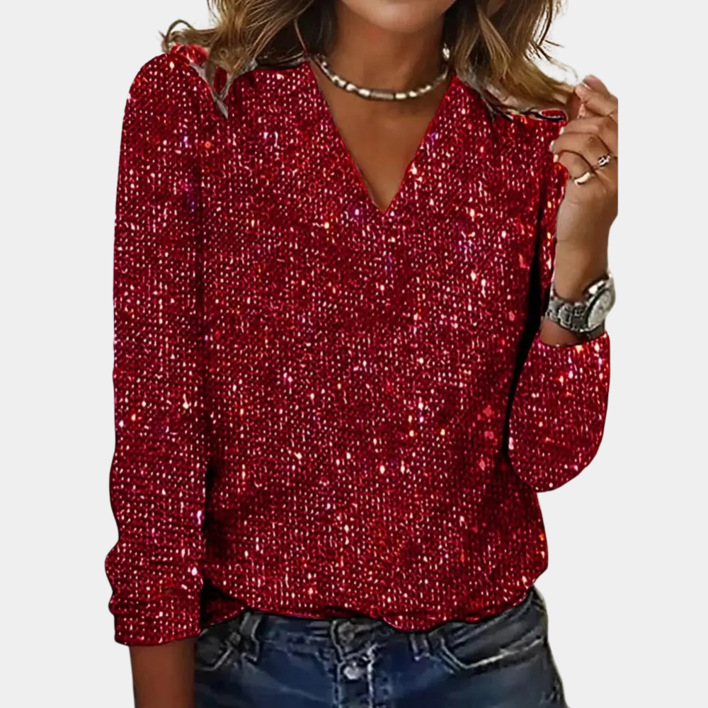 Top Glitter V Hals Lange Mouwen Elegante Pasvorm Dames Avond