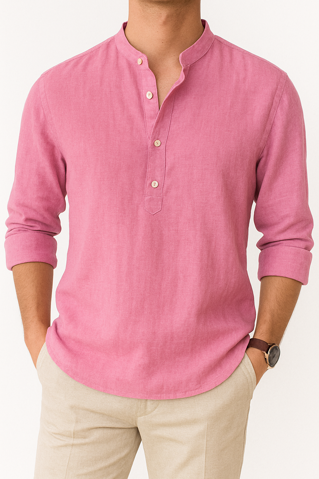 Linnen heren overhemd met Henley kraag - Zomerstijl