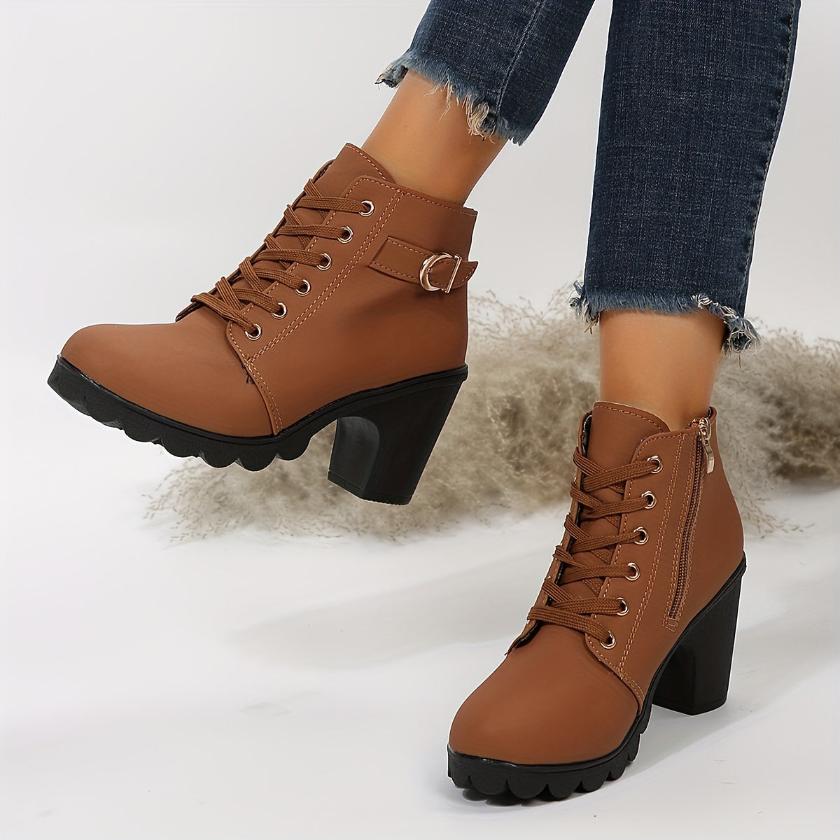 Dames Veterlaarzen – Trendy Enkelboots met Hak en Antislipzool