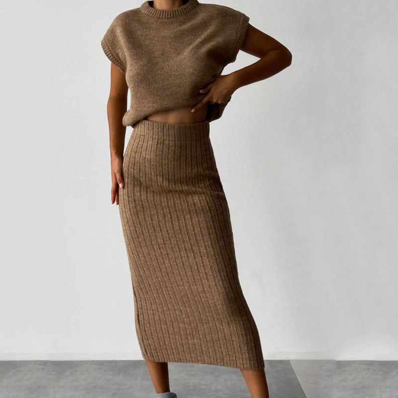 Dames Rib Gebreide Set – Elegante Top & Midi Rok Tweedelig